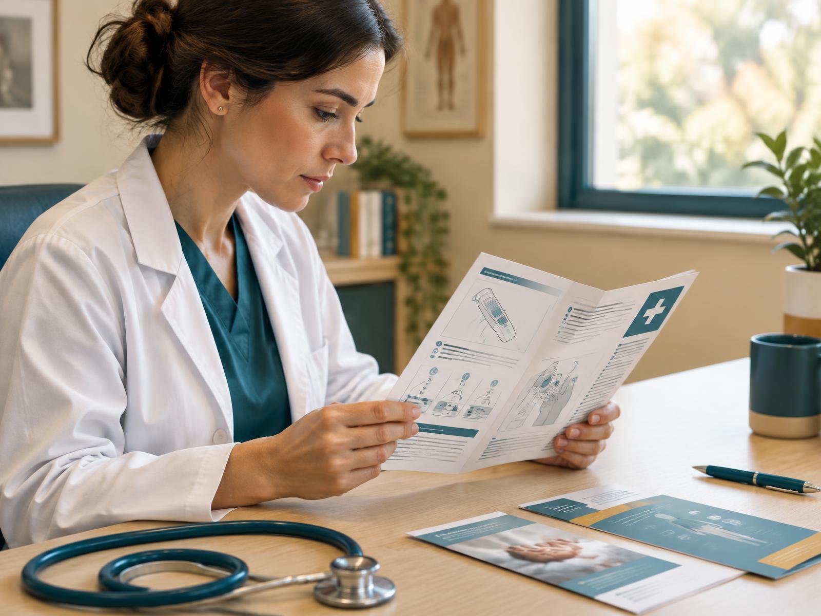 Healthcare professional reading a printed medical IFU leaflet